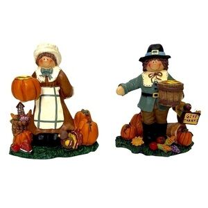 Thanksgiving Pilgram Candle Holder Set Male & Female Resin Pilgrams EUC